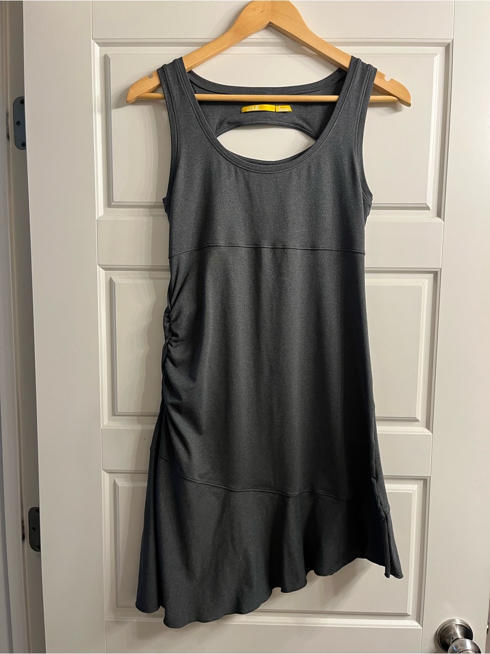 Lole Gray Athletic Tank Dress Size S Ruched Asymmetrical Hem Cutout Back